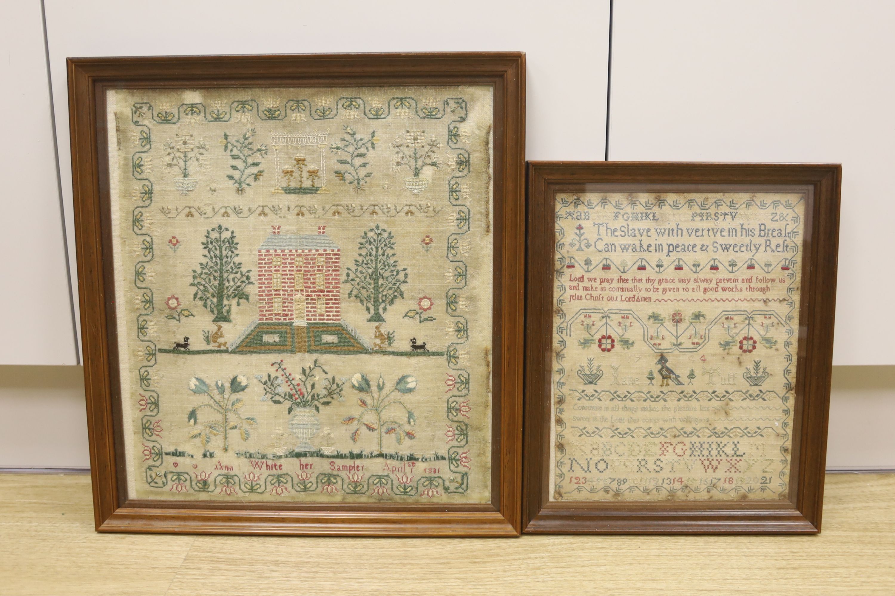 One Victorian sampler and a smaller Georgian sampler, largest 38.5 x 33.5cm